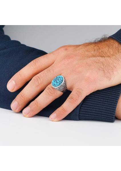 Oval Mavi Turkuaz Taşlı Desenli 925 Ayar Gümüş Erkek Yüzük fiyatları