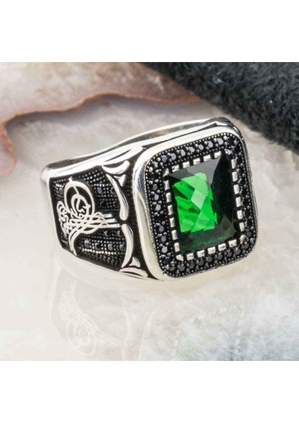Kare Yeşil Zirkon Taşlı Osmanlı Tuğralı Gümüş Yüzük fiyatları
