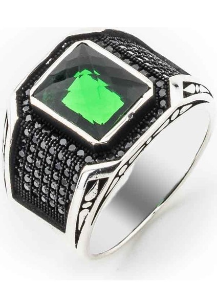 Yeşil Zirkon Taşlı Gümüş Erkek Yüzük