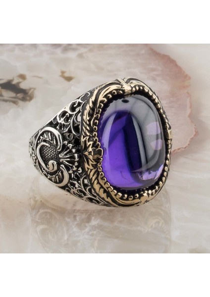 925 Ayar Gümüş Mor Zirkon Taşlı Vav Detaylı Yüzük