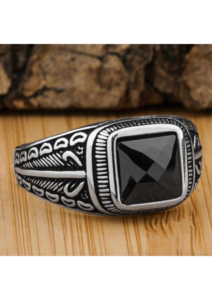 Siyah Kare Zirkon Taşlı Desenli 925 Ayar Gümüş Yüzük