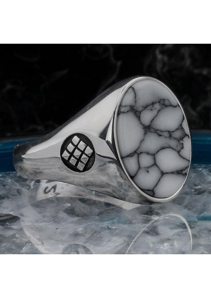 Beyaz Firuze Taşlı Parlak Sade Model 925 Ayar Gümüş Erkek Yüzük