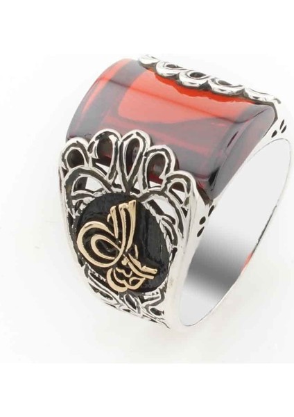 Kırmızı Taşlı Osmanlı Tuğralı Gümüş Yüzük