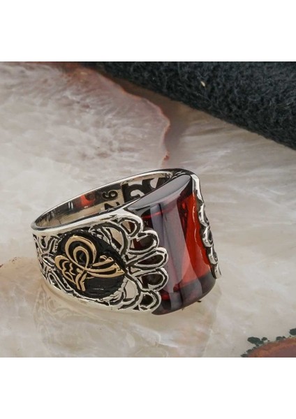 Kırmızı Taşlı Osmanlı Tuğralı Gümüş Yüzük fiyatları