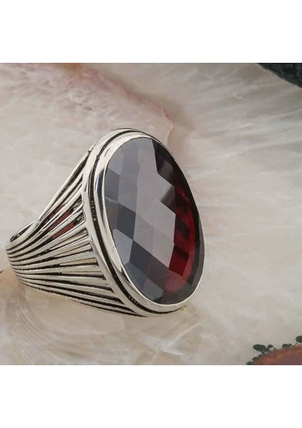 925 Ayar Gümüş Kırmızı Taşlı Gümüş Erkek Yüzük Model 7 fiyatları