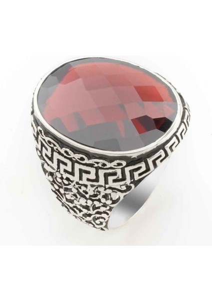 Kırmızı Zirkon Taşlı Labirent Desenli Gümüş Erkek Yüzük