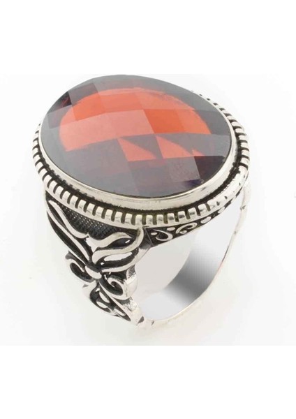 925 Ayar Gümüş Kırmızı Zirkon Taşlı Gümüş Erkek Yüzük Model 2