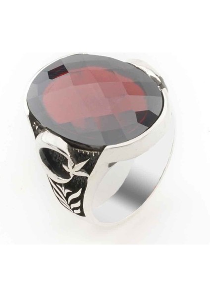 Kırmızı Taşlı Ay Yıldızlı Gümüş Erkek Yüzük