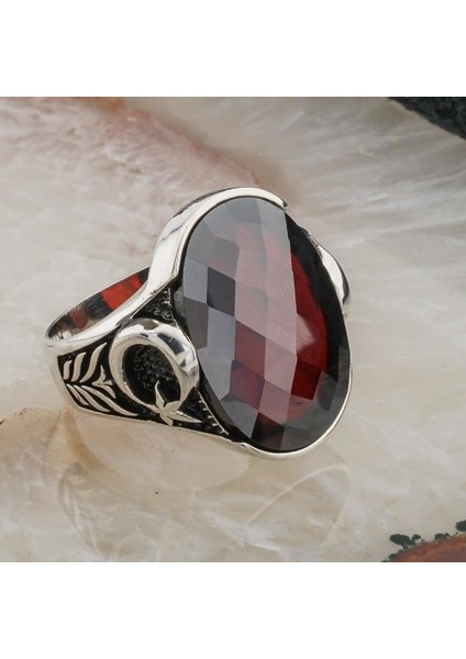 Kırmızı Taşlı Ay Yıldızlı Gümüş Erkek Yüzük fiyatları