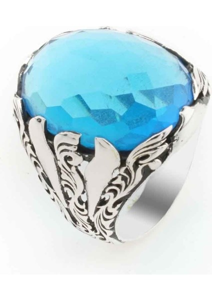 925 Ayar Gümüş Açık Mavi Zirkon Taşlı Erkek Yüzük