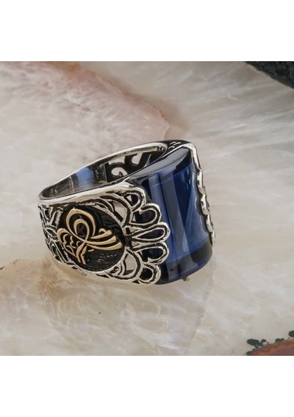 Osmanlı Tuğralı Mavi Zirkon Taşlı Erkek Gümüş Yüzük fiyatları