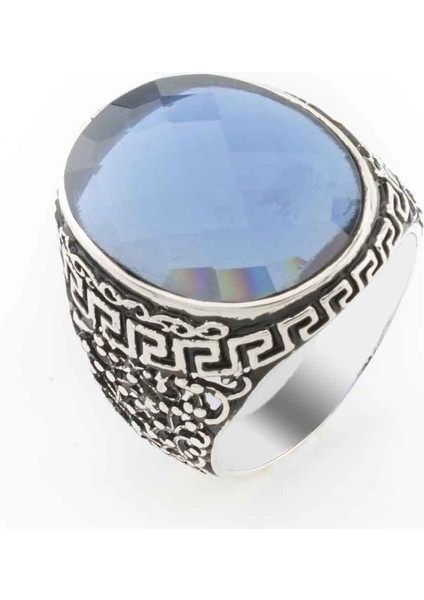Mavi Zirkon Oval Taşlı Gümüş Erkek Yüzük