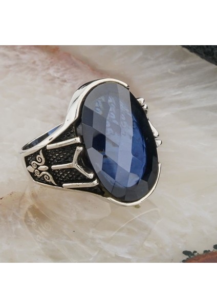 Oval Mavi Zirkon Taşlı Kayı Detaylı Gümüş Yüzük fiyatları