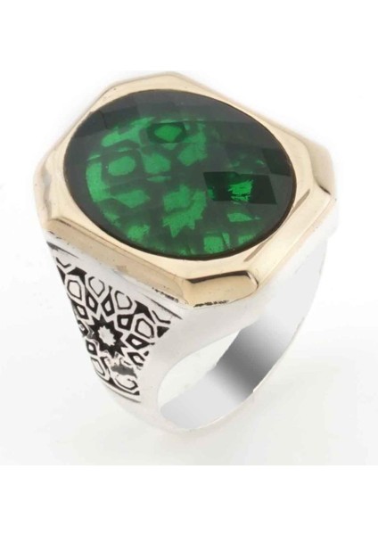925 Ayar Gümüş Yeşil Zirkon Taşlı Erkek Yüzük Model 8
