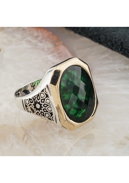925 Ayar Gümüş Yeşil Zirkon Taşlı Erkek Yüzük Model 8 fiyatları