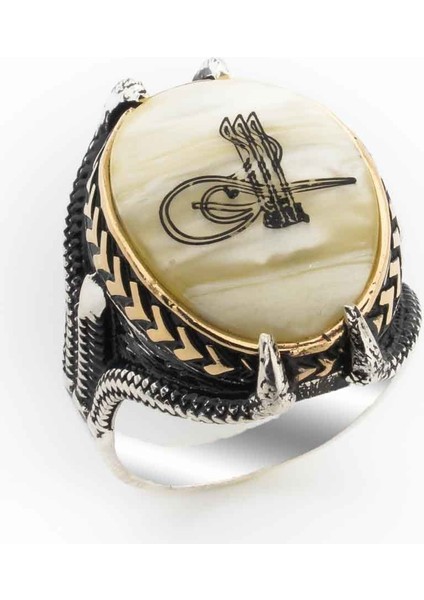 Sedef Taşlı Pençeli Osmanlı Tuğralı Gümüş Yüzük