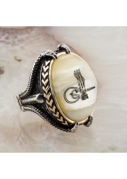 Sedef Taşlı Pençeli Osmanlı Tuğralı Gümüş Yüzük fiyatları