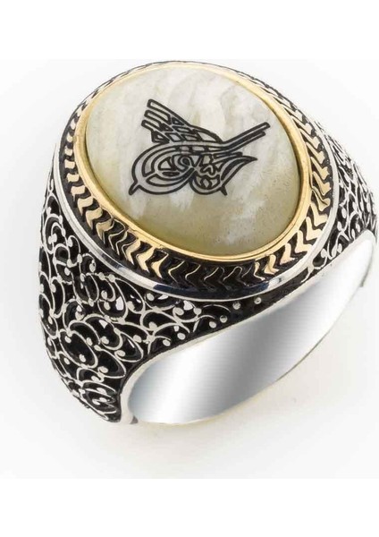 Sedef Taşı Osmanlı Tuğralı Gümüş Yüzük