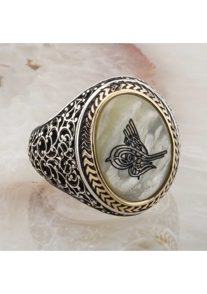 Sedef Taşı Osmanlı Tuğralı Gümüş Yüzük fiyatları