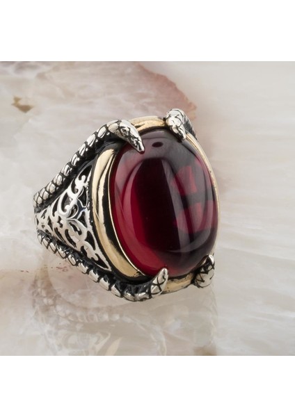 925 Ayar Gümüş Bombeli Kırmızı Zirkon Taşlı Pençeli Yüzük