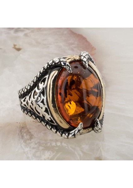 925 Ayar Gümüş Kehribar Taşlı Pençeli Yüzük fiyatları