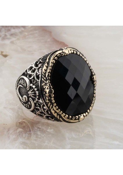 925 Ayar Gümüş Siyah Zirkon Taşlı Vav Detaylı Yüzük fiyatları