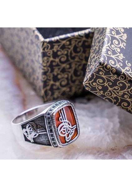 Osmanlı Tuğralı Akik Taşlı Erkek Gümüş Yüzük