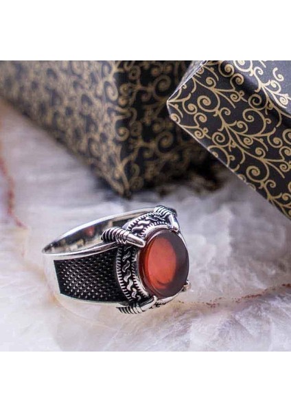 Akik Taşlı Kartal Pençesi Gümüş Yüzük