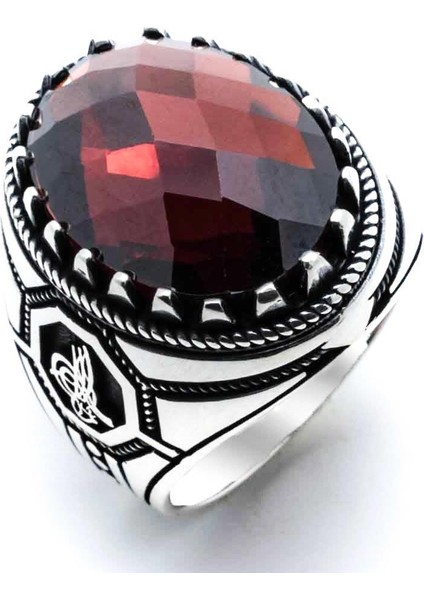 925 Ayar Gümüş Kırmızı Zirkon Taşlı Osmanlı Tuğrası Detaylı Yüzük fiyatları