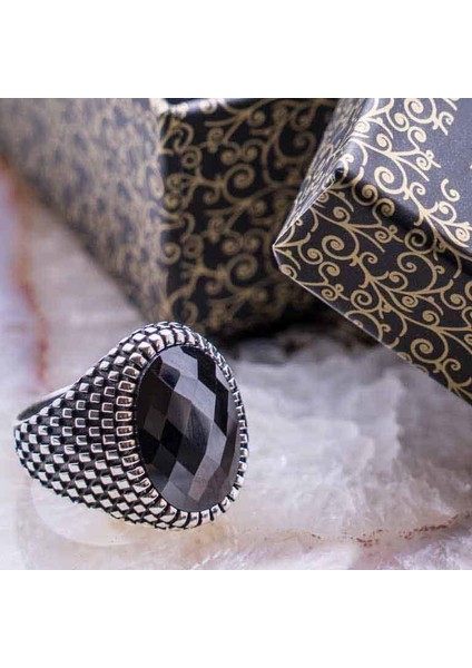 925 Ayar Gümüş Siyah Zirkon Taşlı Erkek Yüzük