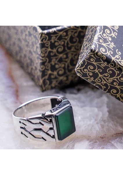 925 Ayar Gümüş Yeşil Akik Taşlı Erkek Yüzük
