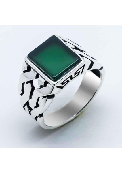 925 Ayar Gümüş Yeşil Akik Taşlı Erkek Yüzük fiyatları