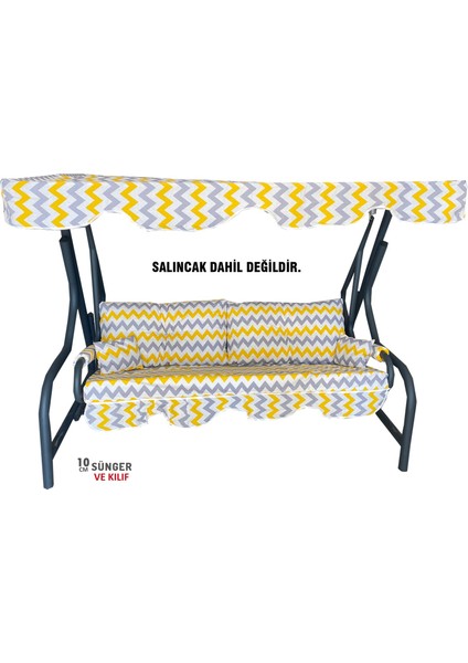 3 Kişilik Lüks Vip Salıncak Minderi Düğmeli-Süngerli Bahçe Minderi Sarı-Gri Zikzak