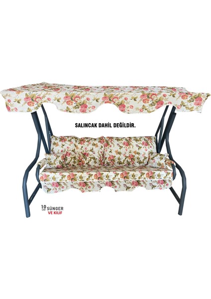 3 Kişilik Lüks Vip Salıncak Minderi Düğmeli-Süngerli Bahçe Minderi Ingiliz Gülü