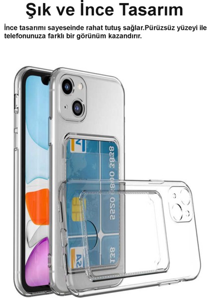 Apple iPhone 11 Pro Max Kapak Kamera Korumalı Kartlıklı Şeffaf Silikon Kılıf