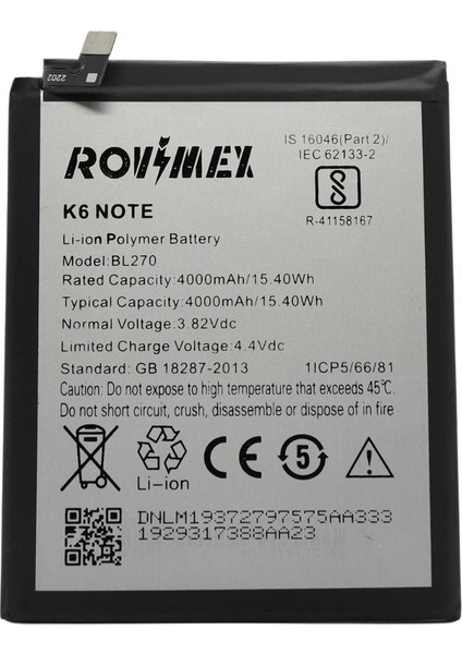 Lenovo K6 Note (BL270) Rovimex Batarya Pil