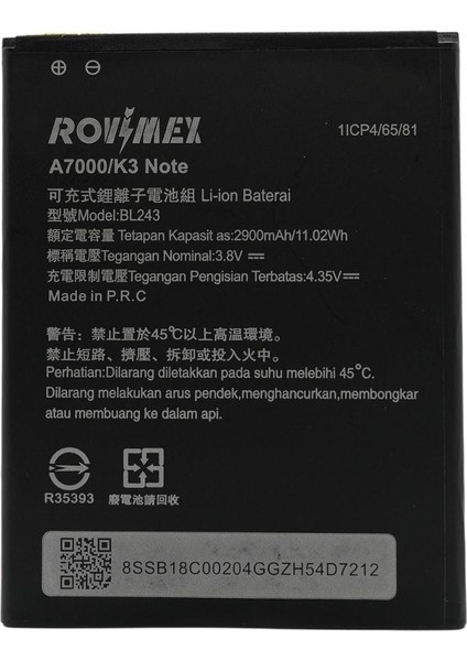 Lenovo K3 Note (BL243) Rovimex Batarya Pil