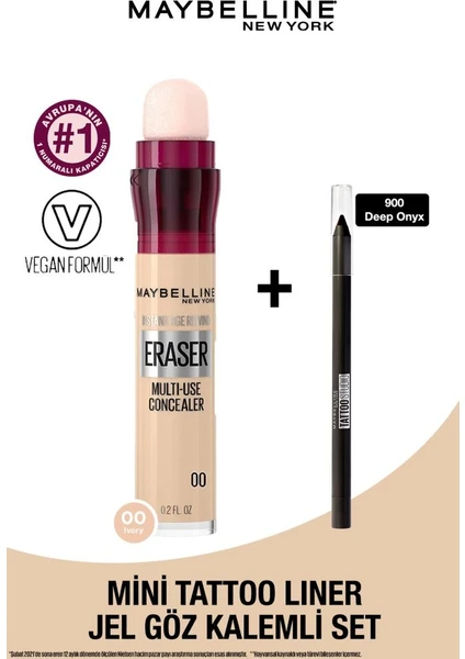 Maybelline New York Instant Anti Age Eraser Kapatıcı 00 Ivory + Mini Tattoo Liner Jel Göz Kalemli Set