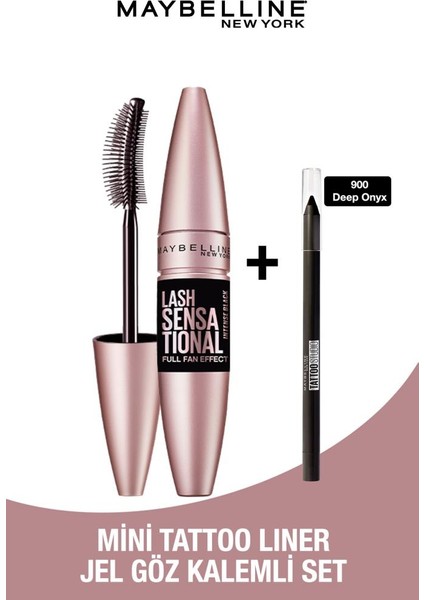 Maybelline New York Lash Sensational Yelpaze Etkili Intense Black Maskara + Mini Tattoo Liner Jel Göz Kalemli Set