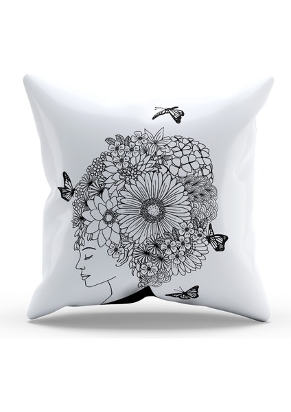 Çift Tarafı Baskılı Flower Woman Line Desenli Tekli Süet Kırlent Kılıfı