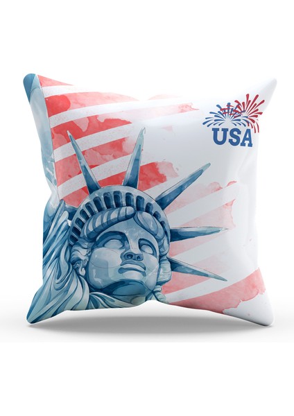 Çift Tarafı Baskılı Amerika Desenli Tekli Süet Kırlent Kılıfı
