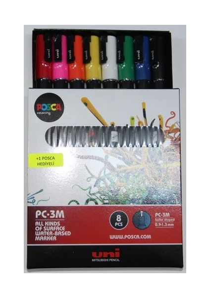 Uni Posca Pc-3m 0.9-1.3 mm Su Bazlı Boyama Markörü Seti Ana Renkler 8 Renk