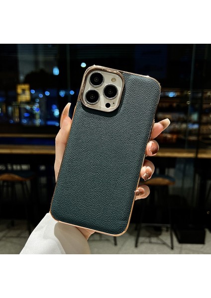 Iphone 13 Pro Max Green Için Deri Elektraplatma Telefon Kılıfı
