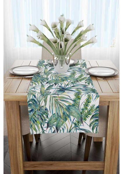 Yeşil Beyaz Tropikal Yaprak Desenli Dijital Baskılı Runner CGH037-RN fiyatları