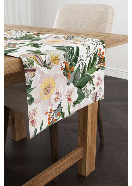 Yeşil Beyaz Çiçekli Desenli Dijital Baskılı Runner CGH310-RN