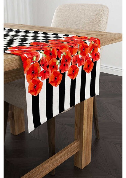 Kırmızı Siyah Kareli Çizgili Çiçek Desenli Dijital Baskılı Runner CGH1070-RN