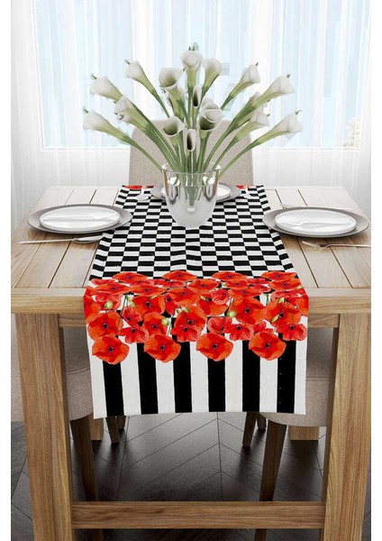 Kırmızı Siyah Kareli Çizgili Çiçek Desenli Dijital Baskılı Runner CGH1070-RN fiyatları