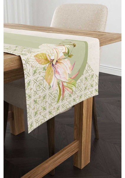 Yeşil Krem Dekoratif Çiçek Desenli Dijital Baskılı Runner CGH1075-RN