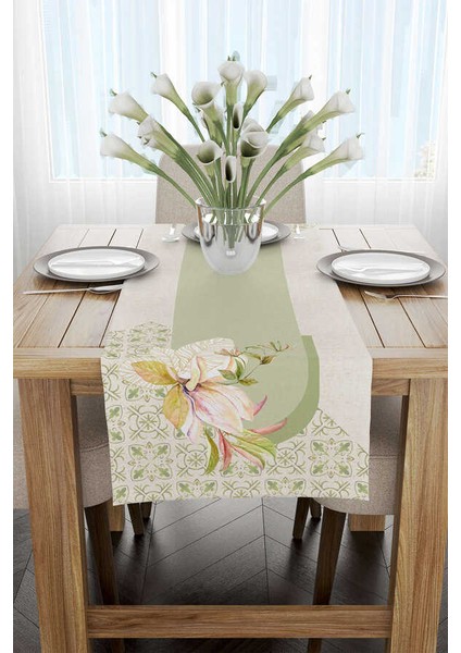 Yeşil Krem Dekoratif Çiçek Desenli Dijital Baskılı Runner CGH1075-RN fiyatları