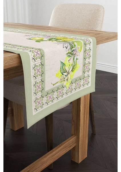 Yeşil Krem Dekoratif Limon Desenli Dijital Baskılı Runner CGH1083-RN